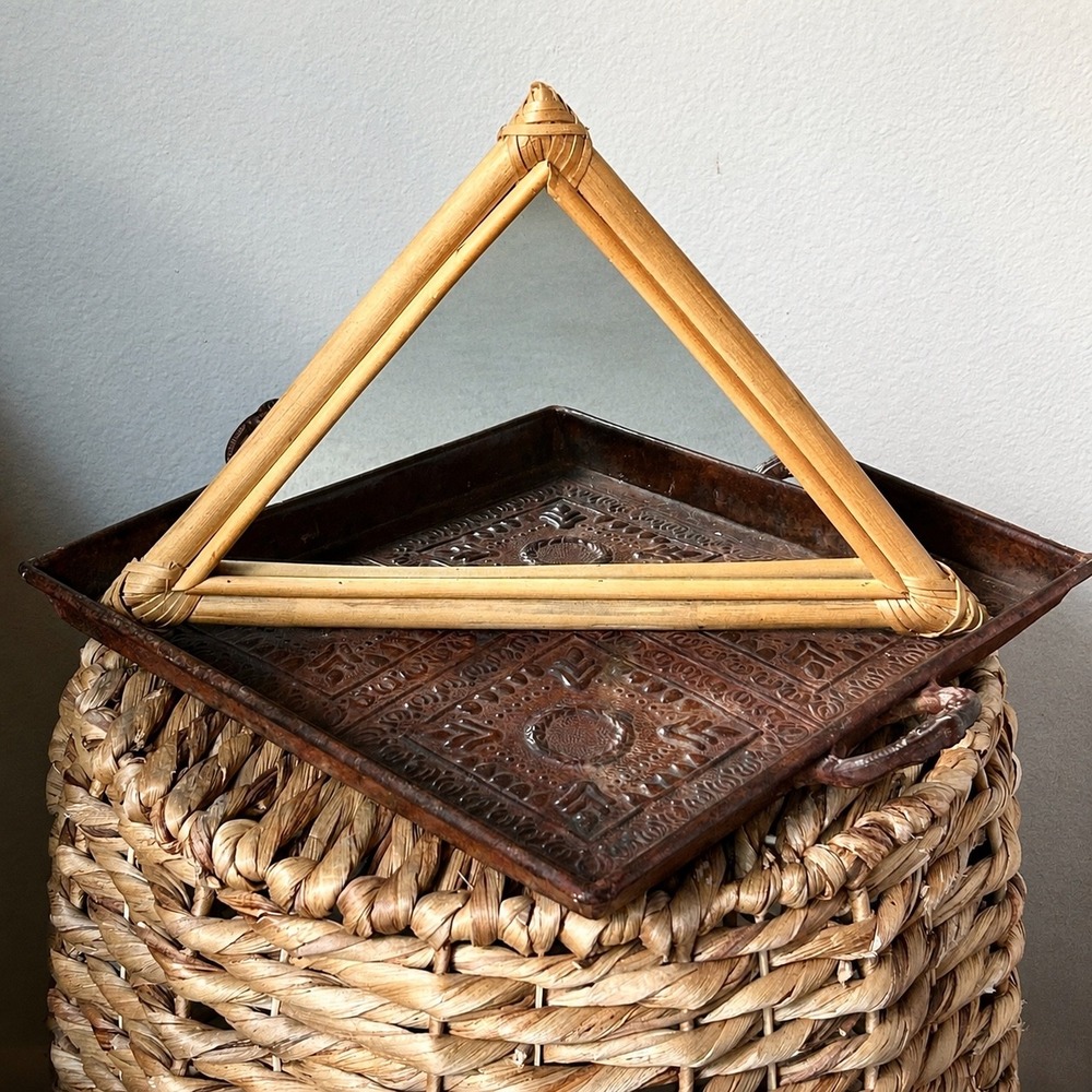 Vintage Triangle Rattan Wall Mirror Boho Geometric Wicker Decor Frame 14in